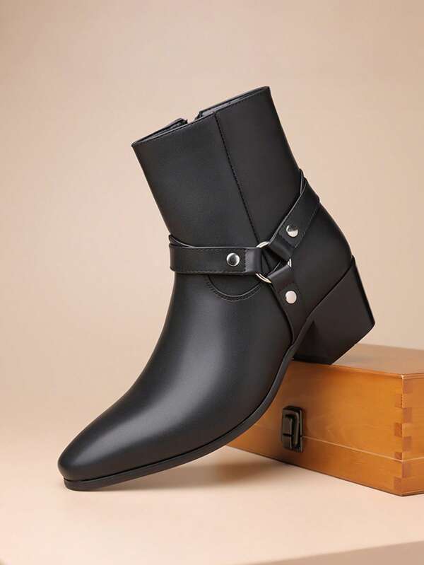 Botas de cuero de tacón alto con punta afilada que aumentan la altura, negras y personalizadas, nuevas botas de tacón alto versátiles y de moda para hombres