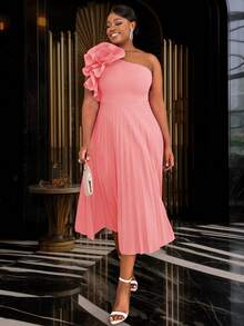 Plus Size One-Shoulder Ruched 3D Rose Graduation Dress, Suitable For Summer, Christmas Party, Valentine's Day, Independence Day - Pink - View 4