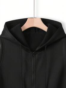 Sudadera con capucha sin mangas de unicolor casual con cordón y cremallera - Negro - Ver 3
