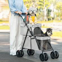 Cochecito de dos capas para perros y gatos, plegable 3 en 1 para 2 mascotas, carrito doble para dos mascotas, carrito plegable de cuatro ruedas para perros y gatos, carrito para perros, cochecito para correr, 67 x 50 x 95 cm - Gris - Ver 3