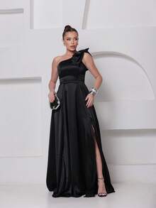 Long Dress For Bridesmaid – One Shoulder With Ruffle And Slit Elegant Simple Elegant Party Satin Side Opening Zipper Pleated Bridesmaid Civil Wedding Debutante Graduate Formal And Evening - 黑色 - 查看 6