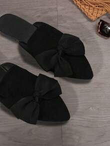 Zapatos planos casuales sin cordones con lazo puntiagudo de color sólido para mujer, suaves y cómodos, adecuados para primavera, verano y otoño. - Negro - Ver 5
