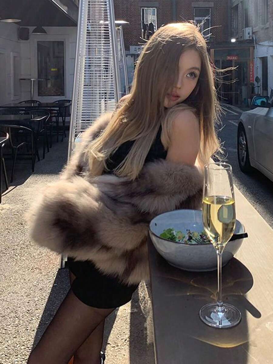 女士优雅扎染V领长袖仿皮草夹克