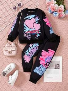 2 pezzi Tuta sportiva da ragazza con stampa a cuore e lettera, completo sportivo nero da jogging autunnale, perfetto come regalo. Tessuto confortevole, orlo a costine, set sportivo a 2 pezzi. Adatto per occasioni all'aperto