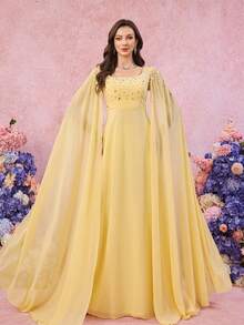 UNITHORSE Women Square Collar Rhinestone & Sequin Sleeve Solid Color Chiffon Evening Party Bridesmaid Dress, Wedding Guest Dress, Formal Dress, Bride Dress, Birthday Women Outfits, Graduation Dress - 淡黃色 - 查看 4