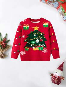 Baby Boys Christmas Tree & Gift Pattern Long Sleeve Sweater, Fashionable & Versatile, Suitable For 1st Birthday Party, Christmas Party - Red - View 2