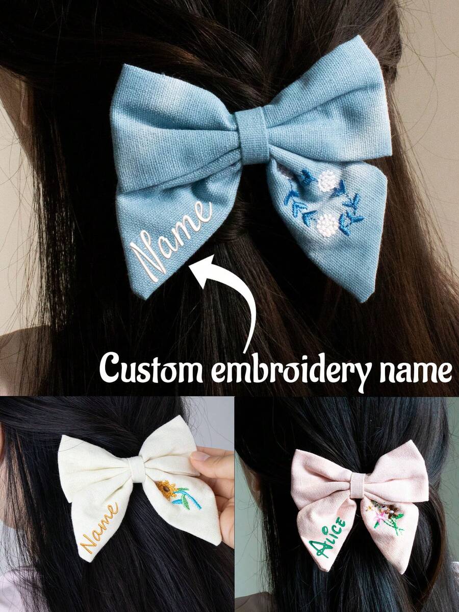 Custom Hair Bows With Embroidery Name, Personalized Velvet Hair Accessories And Clips, Oversized Bows For Women - Multicolor - View 1