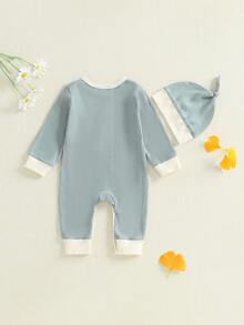 Baby Boy Fall Romper Contrast Color Ribbed Long Sleeve Round Neck Full Length Jumpsuit With Hat Newborn Fall Clothes - Sky Blue - View 4
