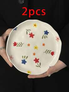 1pc Asymmetrical Ceramic Plate, Hand-Painted Floral Plate, Bread/Dessert/Dinner/Salad/Steak/Pasta/Cake Plate, INS Style