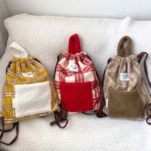 Women Shoulder Bags - 圈圈呢束口雙肩包-棕綠條紋 - 查看 3