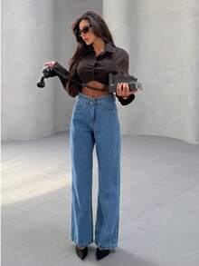 Damen Gerade Loose Lässig Jeans mit Taschen