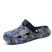 1 双男士轻便舒适木屐镂空防滑花园鞋男士网眼夏季凉鞋男士休闲户外防滑厚底沙滩人字拖拖鞋（鞋面随机不对称印花） - 黑色 - 查看 3