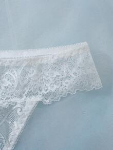 2 件花卉蕾丝内衣套装，开杯文胸和开裆丁字裤，性感女士内衣和睡衣套装 - 白色 - 查看 7