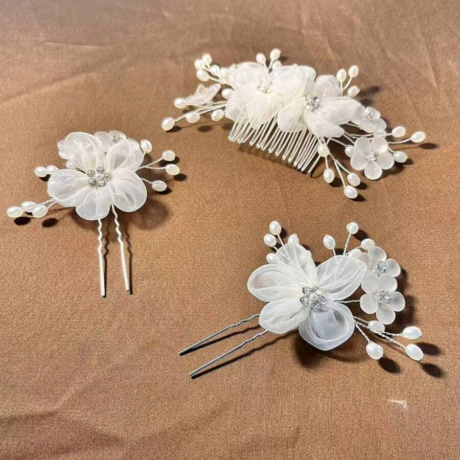 三件套全新白色花卉婚纱，含发饰、珍珠水钻发梳、丝绸花朵镶嵌发梳套装，珍珠水钻发梳头饰 - 白色 - 查看 1