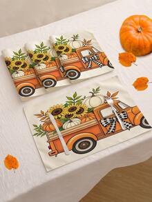 4 piezas/6 piezas/60 piezas Manteles decorativos de otoño, calabaza, girasol, hoja, coche, lazo, manteles de lino con letras, manteles resistentes a la suciedad, adecuados para el hogar, restaurante, decoración de mesa de comedor, artículos para el hogar - Multicolor - Ver 10