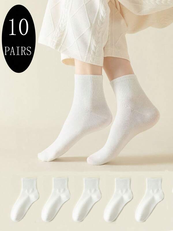 1 Pair/10 Pairs Of Four Seasons For Women/Men's Mid-Tube Socks Solid Color Casual Cotton Socks Soft Comfortable Casual Fluffy Socks Black And White Suitable For Daily Travel Home Office Campus Sports Women's Stockings