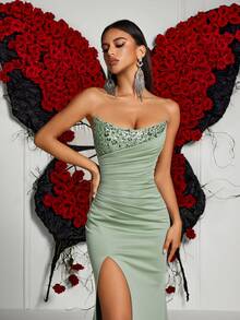 Elisanya Rhinestone Pleated Backless High Waist Split Evening Party Dress, Banquet Prom Gown - Green - View 9