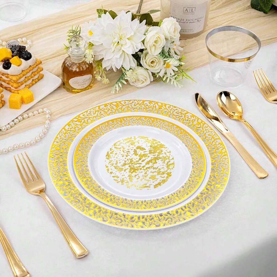 1 Set Of 10pcs 13-Inch (Approx. 33.0cm) Gold Foil Grid Embossed Disposable Placemats, 6pcs Gold Metallic Charger Plates Suitable For Dining Table, Wedding, Birthday Party, Holiday Home Decor
