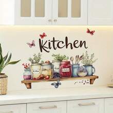 Self-Adhesive Kitchen Wall Sticker - Tropical Plants & Leaves Pattern, Multi-Surface Plastic Decal Suitable For Glass Bottles, No Residue Home Decor (Asymmetrical Shape, Glossy Effect), Kitchen Wall Sticker, Vibrant Butterfly Pattern Wallpaper Wall Paper Wall Stickers Wall Decor Room Decor Wallpaper Stickers Wall Bedroom Decor Kitchen Decor Halloween Halloween Decor