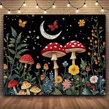 Enchanted Forest Mushroom Butterfly & Snail Floral Tapestry - Magical Night Sky Wall Hanging With Glowing Stars, Crescent Moon & Red/White Spotted Mushrooms - Vibrant Polyester Fabric For Home Decor, Photography Backdrop, Seasonal Celebrations (No Electricity Needed), Party Backdrop, Easy To Hang, Highquality Print, Natureinspired Decor, Fantasy Lovers, Event Planners - 如圖所示 - 查看 2