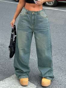 女式宽松直筒复古风男友风牛仔裤 - 淺色水洗藍 - 查看 3