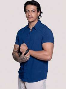 Kit Of 2 Men's Short Sleeve Linen Shirts, Fresh Viscolinho, Social Fashion, Elegant Italian Collar, Old Money - 2 Màu xanh - Xem 7