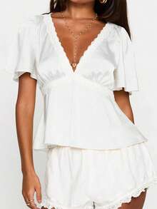 Womens Silk Satin V Neck Short Sleeve Tops Lace Patchwork Peplum Blouses Summer Basic Tank Shirt - White - View 1