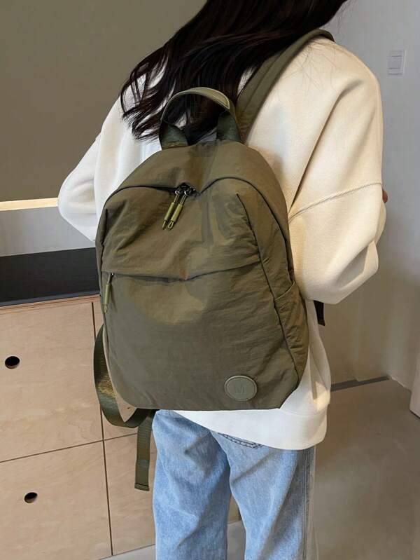 1pc Lightweight & Spacious Travel Backpack, Solid Color Washed Nylon Material, Minimalist Design For College Students