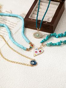 4 件套绿松石软粘土串珠项链，时尚种子珍珠邪眼吊坠项链，个性化蓝眼心形吊坠，适合女性日常和旅行佩戴