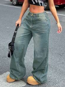 女式宽松直筒复古风男友风牛仔裤 - 淺色水洗藍 - 查看 4