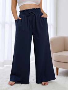 Plus Size High Waisted Wide Leg Pants For Women - Navy Blue Flowy Drawstring Pants With Side Pockets, Comfortable Wrinkle-Resistant For Fall Winter Lounge & Vacation - Navy Blue - View 1