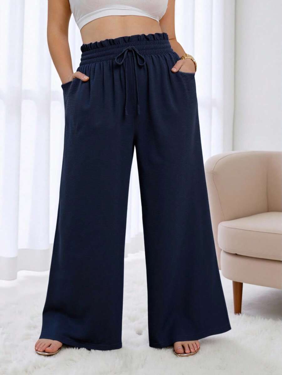 Plus Size High Waisted Wide Leg Pants For Women - Navy Blue Flowy Drawstring Pants With Side Pockets, Comfortable Wrinkle-Resistant For Fall Winter Lounge & Vacation - Navy Blue - View 1