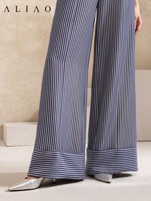 Aliao优雅荷叶边条纹阔腿裤，情人节穿搭，春季，白色派对活动，复古富贵风，宫廷风，端庄优雅，商务休闲女装