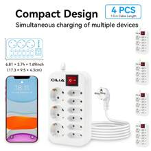 4 Stück Europäischer Standard Stromstecker, 9 in 1, Mehrfachsteckdose, 3 F Schuko, 6 AC Stecker mit Schalter 1,5 m Kabel, mit Schalter/Überlastschutz, geeignet für Zuhause, Büro, Hotel und andere Orte, Studentenwohnheim Grundausstattung