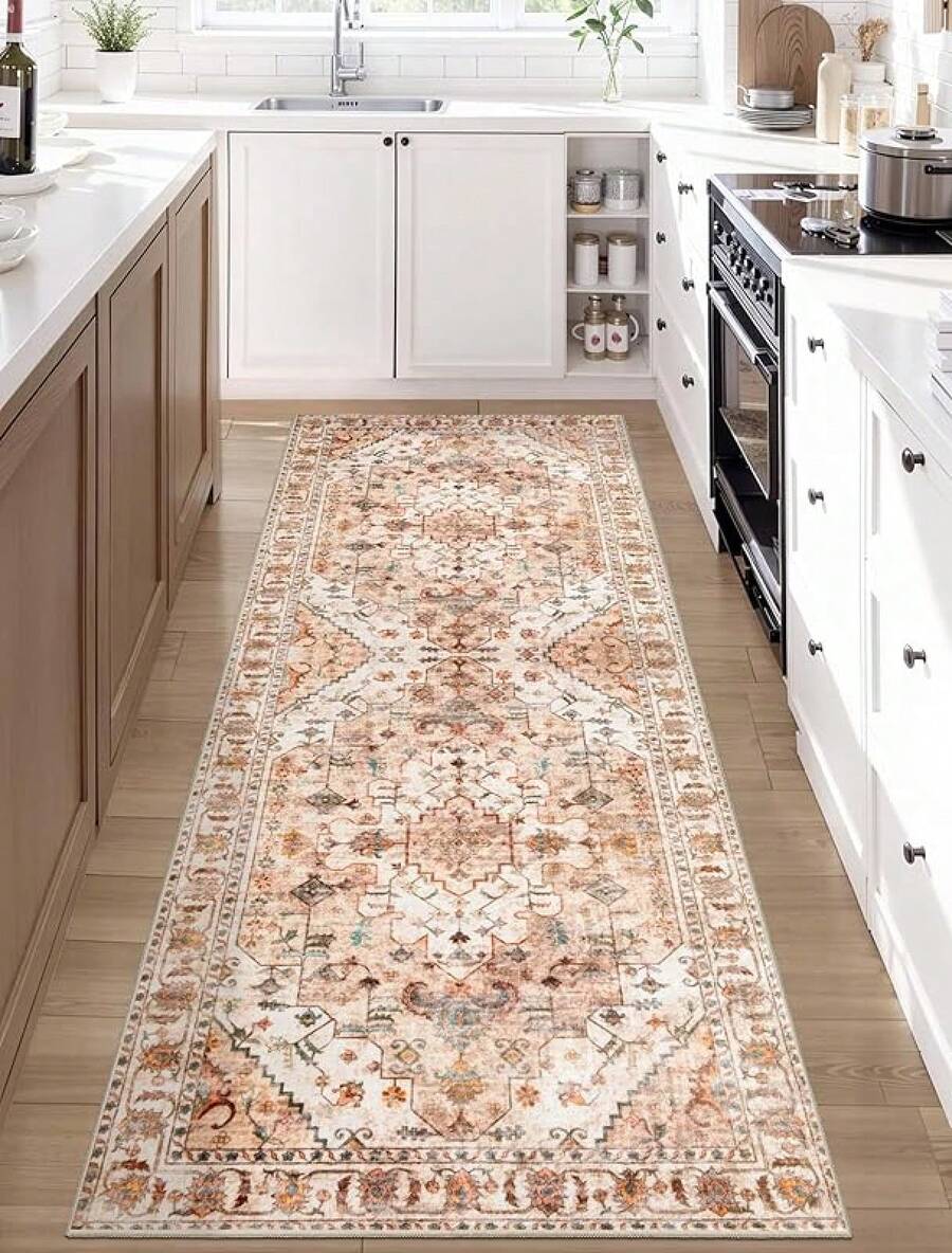 Runner Rug Hallways, 2'6x10' Washable Non Slip Kitchen Runner Rug, Long Boho Vintage Rust Hallway Stair Ultra Soft Print Floor Carpet Bedroom Bathroom Laundry Room, Home Decor - Vintage Peach/Cream - View 1
