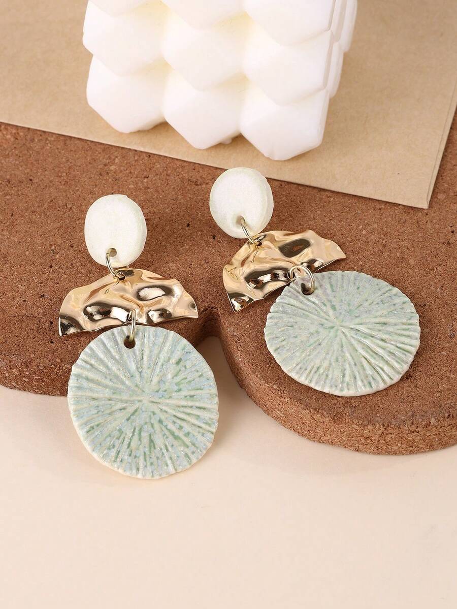 1 对手工制作的陶瓷条纹圆形吊坠耳环，独特，适合度假、派对和日常佩戴