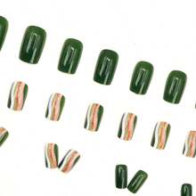 24PCS Green Glitter Wave Line Press-On Nails, Reusable, Minimalist Chic Design For Daily/Party Looks, 2025 Fashionable Nail Art (High-End Aesthetic, Easy Apply)