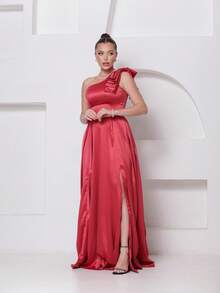 Long Dress For Bridesmaid – One Shoulder With Ruffle And Slit Elegant Simple Elegant Party Satin Side Opening Zipper Pleated Bridesmaid Civil Wedding Debutante Graduate Formal And Evening - 珊瑚粉 - 查看 1
