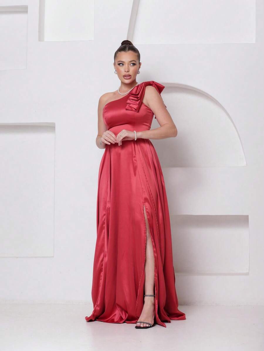 Long Dress For Bridesmaid – One Shoulder With Ruffle And Slit Elegant Simple Elegant Party Satin Side Opening Zipper Pleated Bridesmaid Civil Wedding Debutante Graduate Formal And Evening - 珊瑚粉 - 查看 1