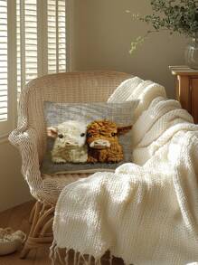 1pc 2D Printed Plush Decorative Pillow Cover, Not Real Embroidery, Super Cute Yak Pattern, Single-Sided Printing, 17.7*17.7 Inches (45*45cm), Faux Linen Material, Suitable For Sofa, Living Room, Bedroom And Office Home Decor (Pillow Insert Not Included)