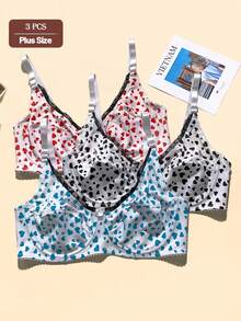 3 pièces Soutien-gorge pour femmes de grande taille avec décoration en nœud, imprimé cœur, armatures, bretelles réglables et garniture en dentelle - Multicolore - Voir 1