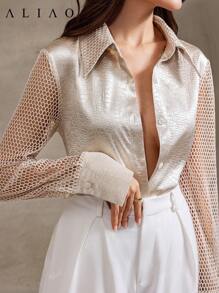 Blusa elegante y sexy para mujeres con textura de tela de malla y diseño hueco, ideal para conciertos