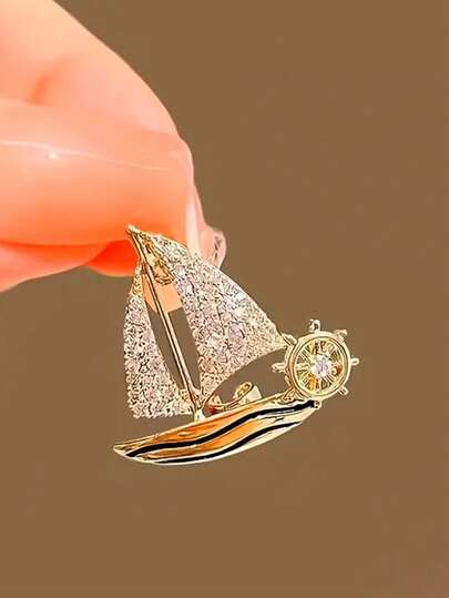 1pc Exquisite Sailboat-Shaped Brooch - High-End Niche Fashion Accessory, Suitable For Decorating Women's Office Blazers, Date Dresses, Daily Knitwear, Party Gowns - "Riding The Waves" Themed Pin Office Accessories Shirts Jacket Jewelry Christmas Halloween Clothes Pin Funny Cute Teacher Gifts Halloween Accessories Teachers Day