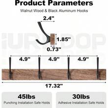 SDFGSDF 17 Inch Walnut Wood Wall Mounted Coat Rack With 4 Black Hooks, Adhesive Mounted Entryway Hooks, Modern Natural Wooden Pegs For Hanging Coat Clothes Hat Bag Purse Key And Towel - Coat Rack with 4 Black Hooks - 查看 2