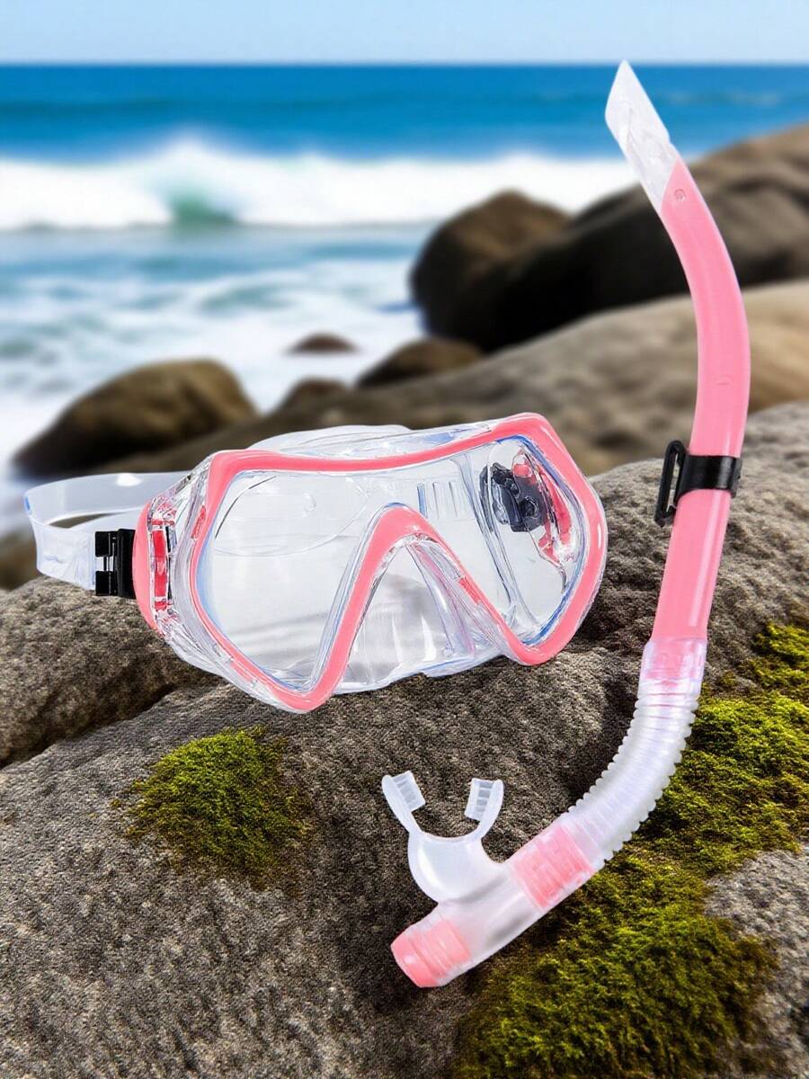 成人和青少年浮潜面罩和呼吸管套装，适合游泳和浮潜，海滩必需品，海滩配件，泳池浮板 - 粉色 - 查看 1