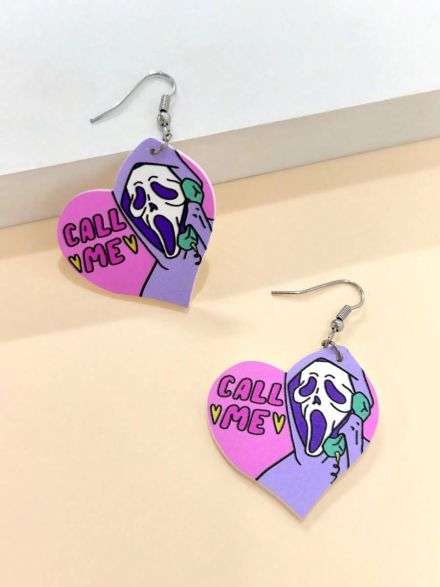 1 对亚克力朋克哥特风格心形骷髅手机吊坠耳环，趣味派对服装珠宝礼物，适合女性、万圣节