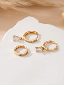 3pcs/Set Elegant Cubic Zirconia Teardrop Pendant Earrings Set, Suitable For Women's Daily, Date, Party Wear - Yellow Gold - View 2