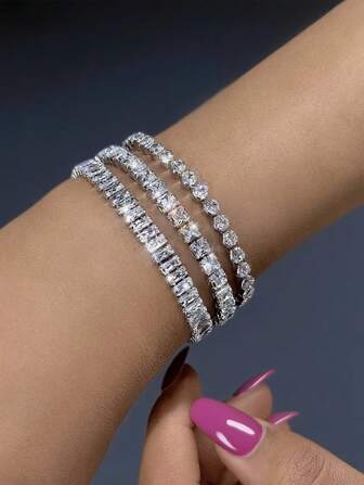 مجموعة 3 أساور حلي أنيقة مزينة بكريستال لامع مربع ودائري وبنجمة المزيت للنساء, هدية للحفلات