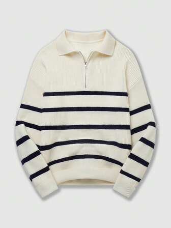 Men's Striped Contrast Color Turtleneck Sweater, Versatile For Autumn/Winter