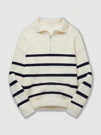 Men's Striped Contrast Color Half Zip Collar Sweater, Versatile For Autumn/Winter, Long Sleeve Top